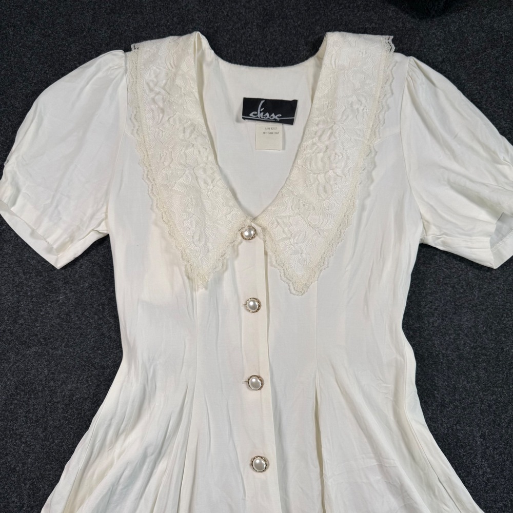 Vintage Elisse Jr Off White Lace Collar Button Front Mini Dress Size 11/12 USA - Picture 2 of 12